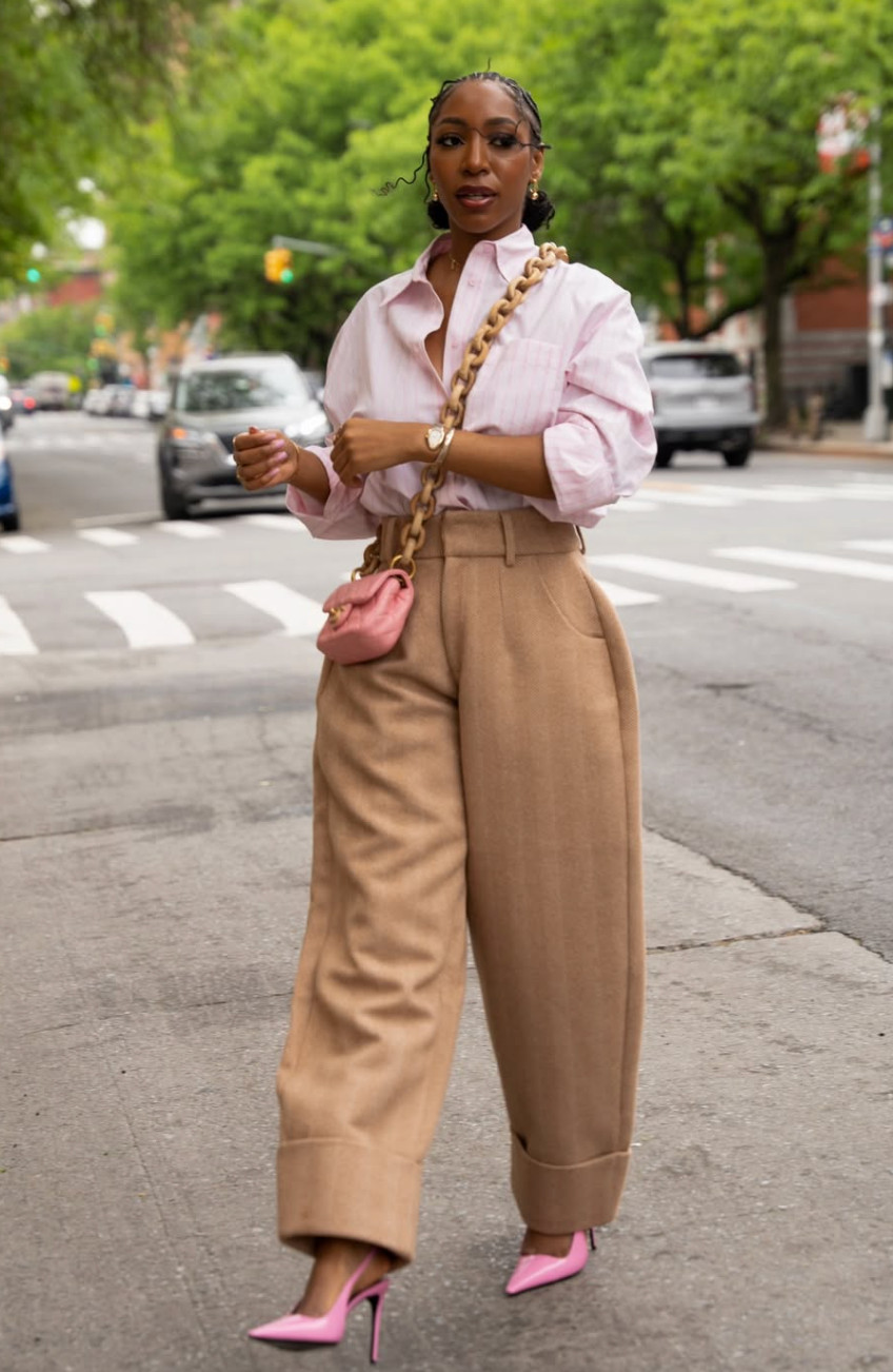 Fashion-Forward Flair: Pink Stiletto Heels with Oversized Trousers and Shirt Fashion-Forward Flair: Pink Stiletto Heels with Oversized Trousers and Shirt — Heels Outfits