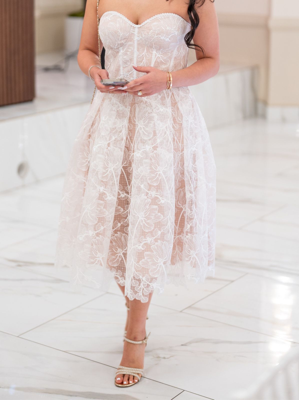 White Midi Dress with Sweetheart Neckline and Floral Lace Overlay White Midi Dress with Sweetheart Neckline and Floral Lace Overlay — Bridal Shower Dresses