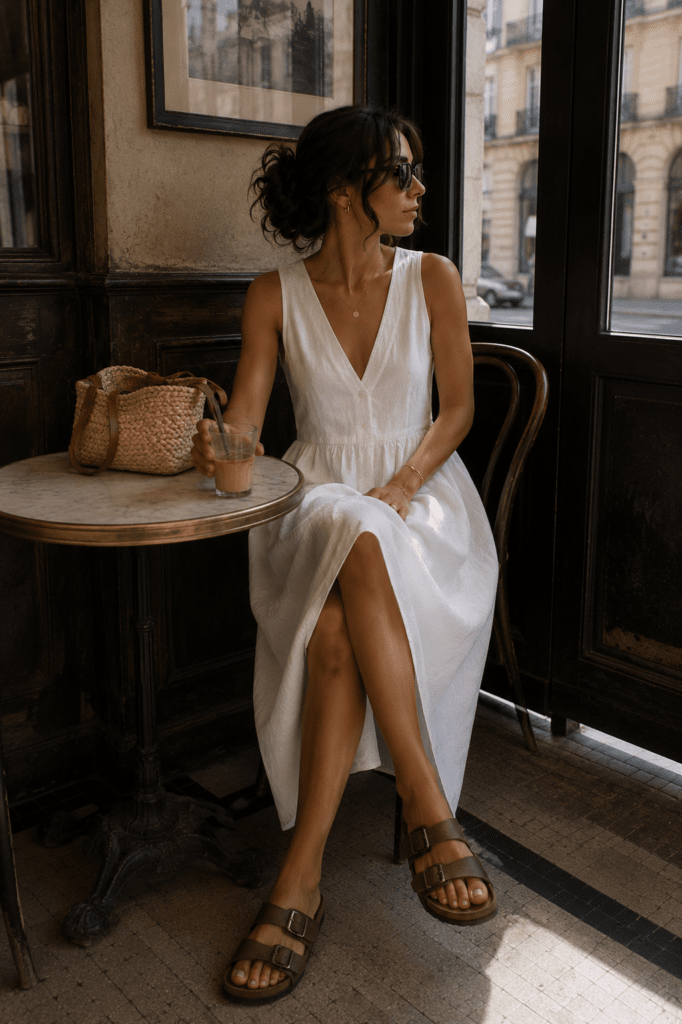 Summer Cafe Style: Linen Midi Dress with Brown Birkenstocks Summer Cafe Style: Linen Midi Dress with Brown Birkenstocks — Birkenstock Outfits