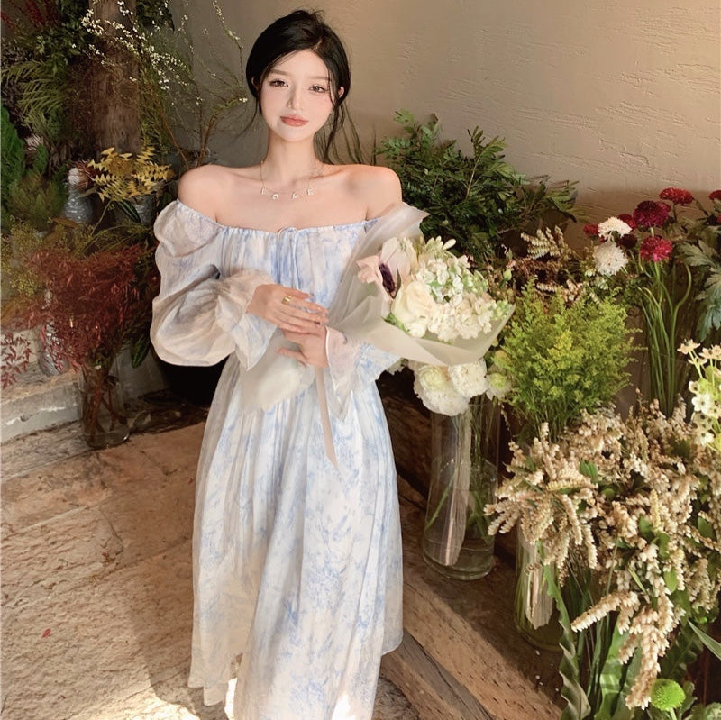 White and Blue Off-the-Shoulder Dress with Billowing Sleeves — Princesscore Outfits