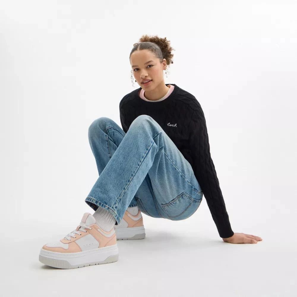 Cable-Knit Sweater and Pink Accents with Platform Sneakers Cable-Knit Sweater and Pink Accents with Platform Sneakers — Platform Sneakers Outfits