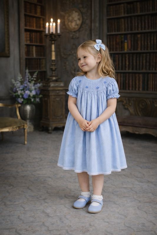 Light Blue Gingham Smocked Dress with Lace Trim Light Blue Gingham Smocked Dress with Lace Trim — Little Girl Dresses