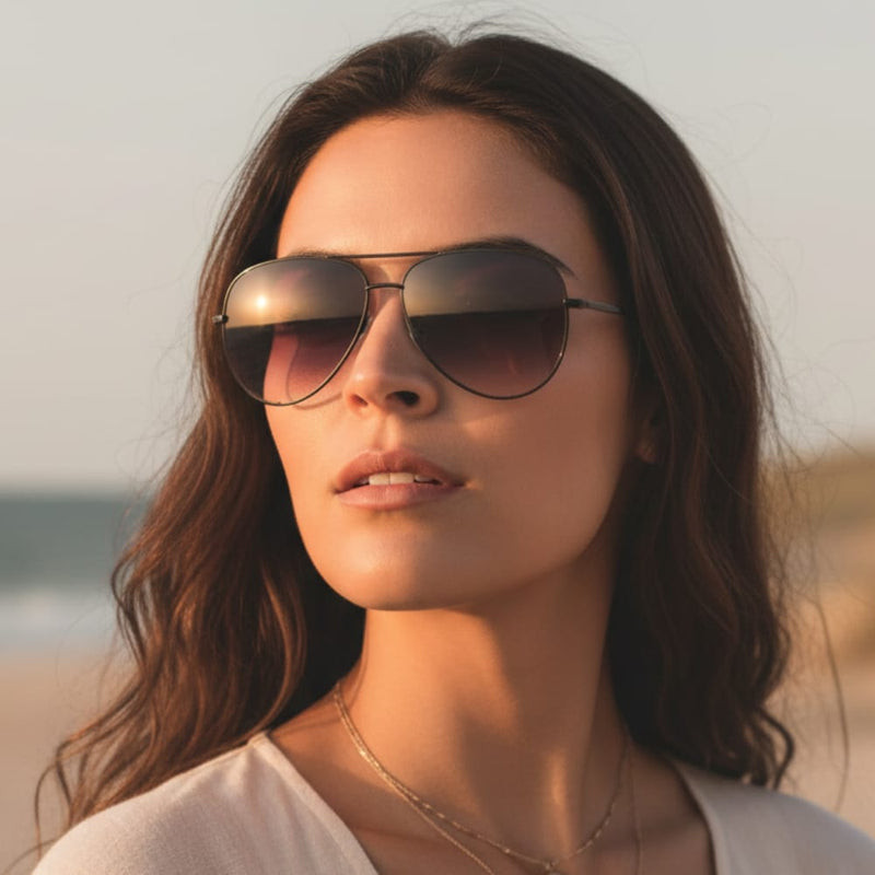 Silver Aviators with Pink Lenses on the Beach — Aviator Sunglasses Women