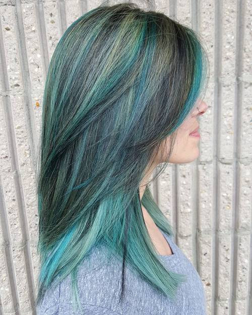 Dark Base With Teal and Green Streaks — Turquoise Hair