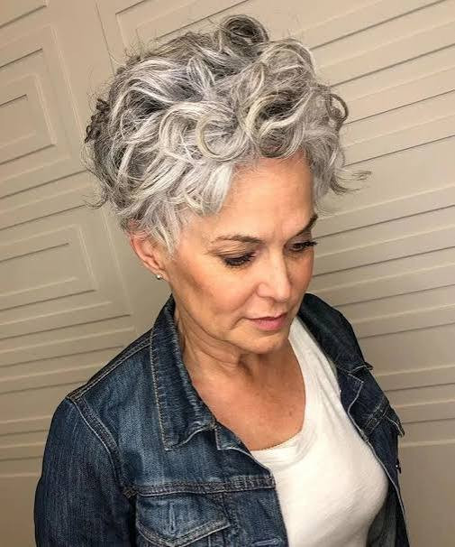 Tapered Pixie Voluminous Curls Tapered Pixie Voluminous Curls — Gray Curly Hair