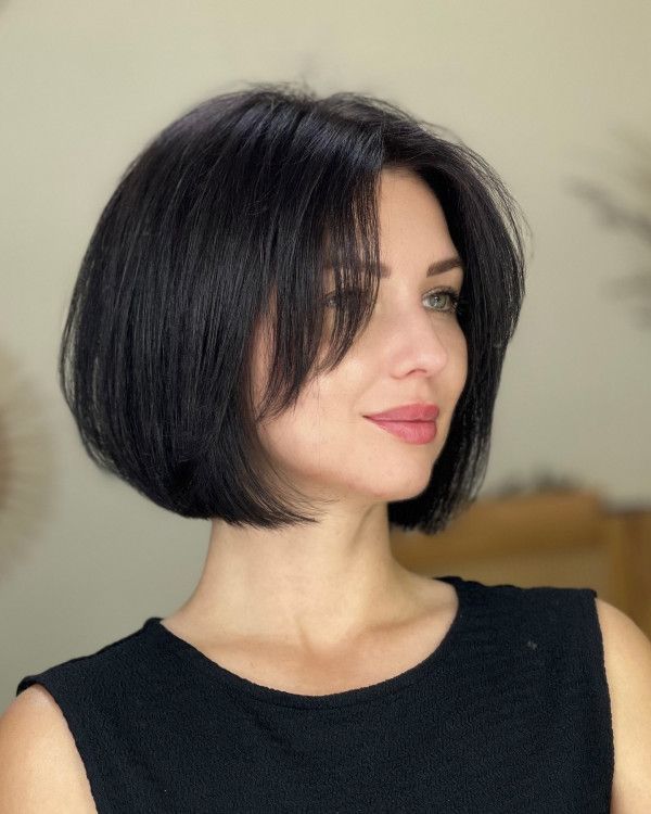 Chin Thick Black Bob With Full Bangs — Bob with Bangs