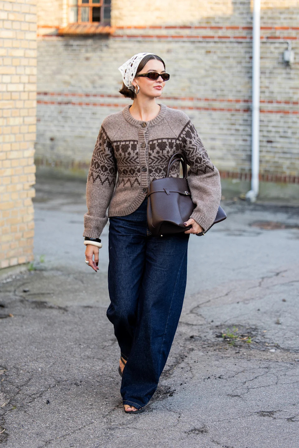 Boho Charm: Dark Indigo Wide-Leg Jeans with Patterned Cardigan — Dark Wash Jeans Outfits