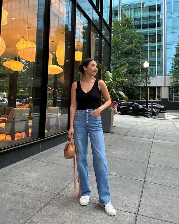 Black Tank Top with Flare Jeans and White Sneakers Black Tank Top with Flare Jeans and White Sneakers — Madewell Outfits