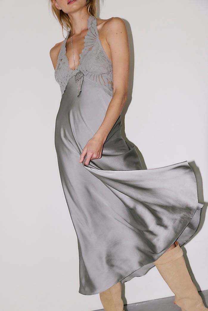 Grey Satin Maxi Dress: Lace Bust Detail Styling — Date Party Dresses