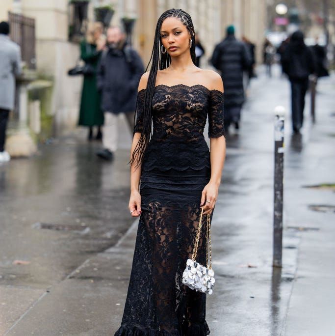 Black Lace Off-the-Shoulder Maxi Dress with Ruffled Hem — Party Dresses