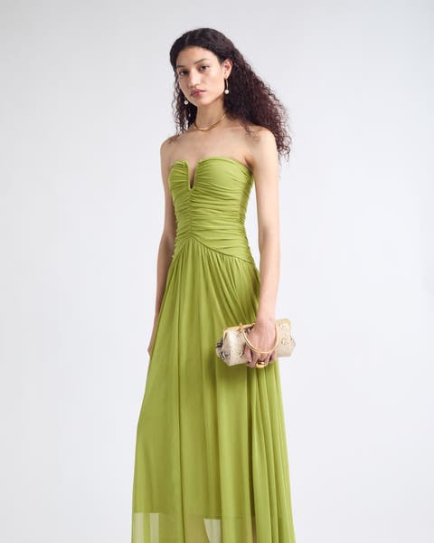 Lime Green Strapless Gown with Ruched Bodice and A-Line Skirt Lime Green Strapless Gown with Ruched Bodice and A-Line Skirt — Cocktail Attire Outfits
