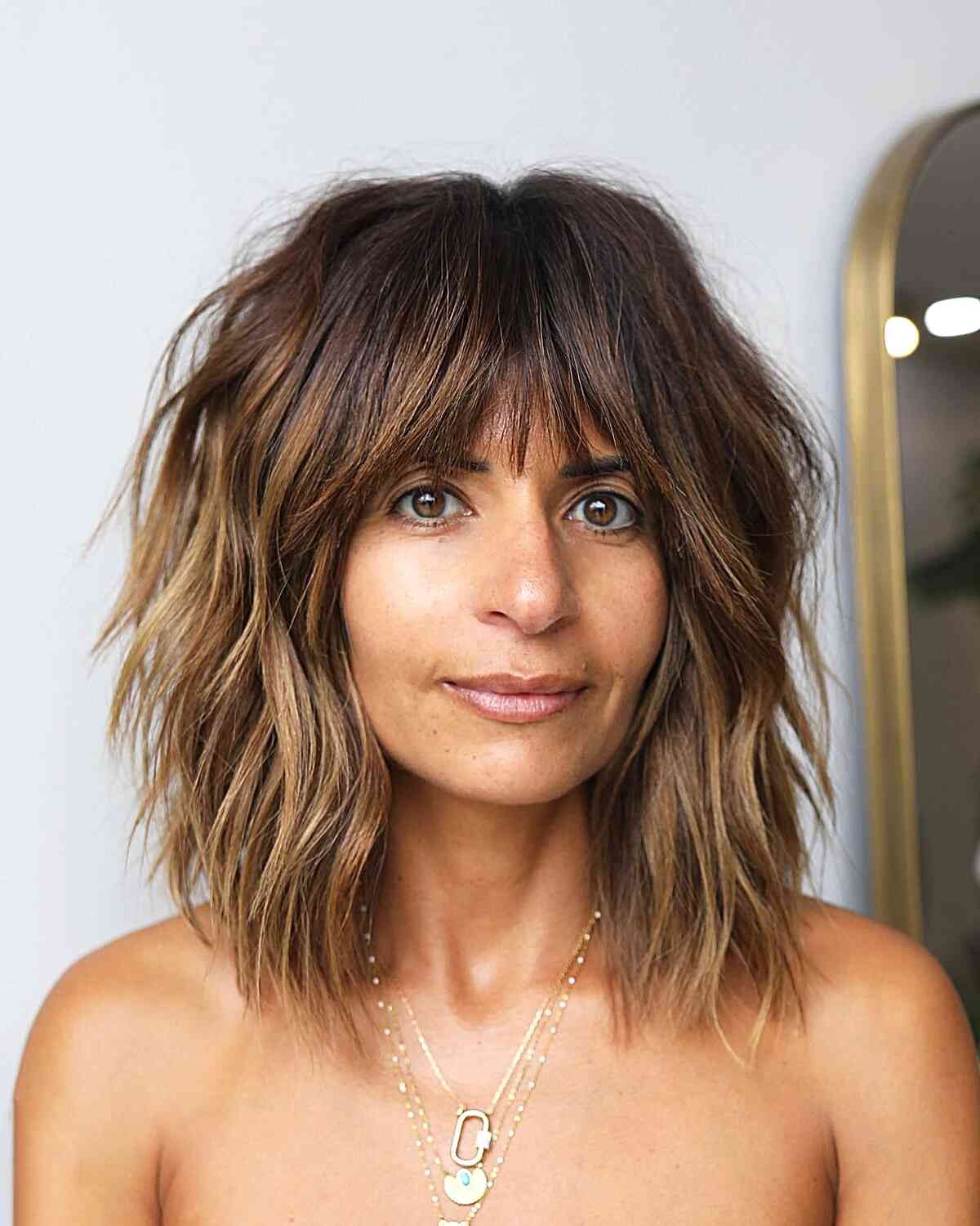 Medium Brown Shag With Full Straight Bangs Medium Brown Shag With Full Straight Bangs — Shag Haircut