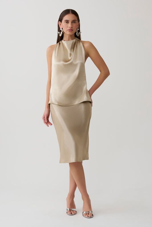 Gold Satin Halter Top with Matching Pencil Skirt — Satin Top Outfits