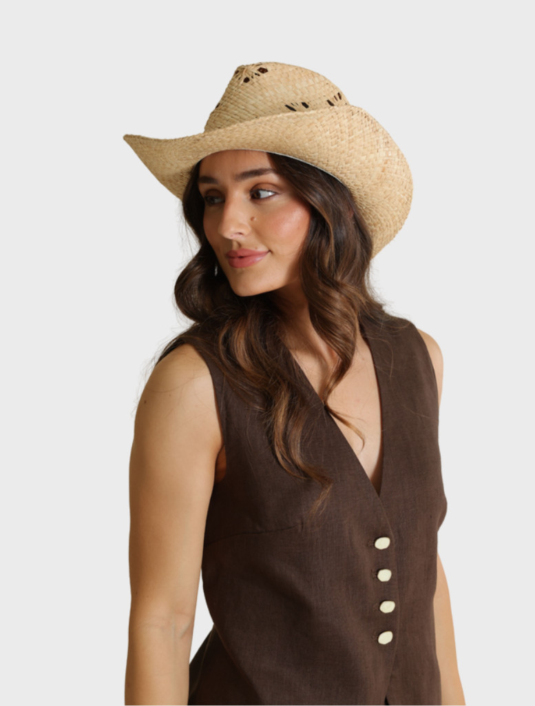 Western Flair: Straw Cowboy Hat with Sleeveless Vest — Fedora Outfits Women