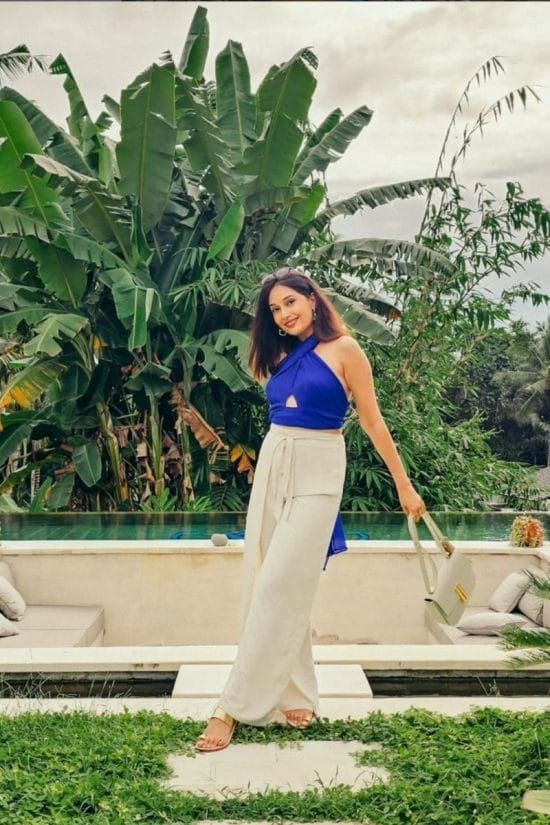 Blue Halter Crop Top with White Wide-Leg Pants — Bali Outfits