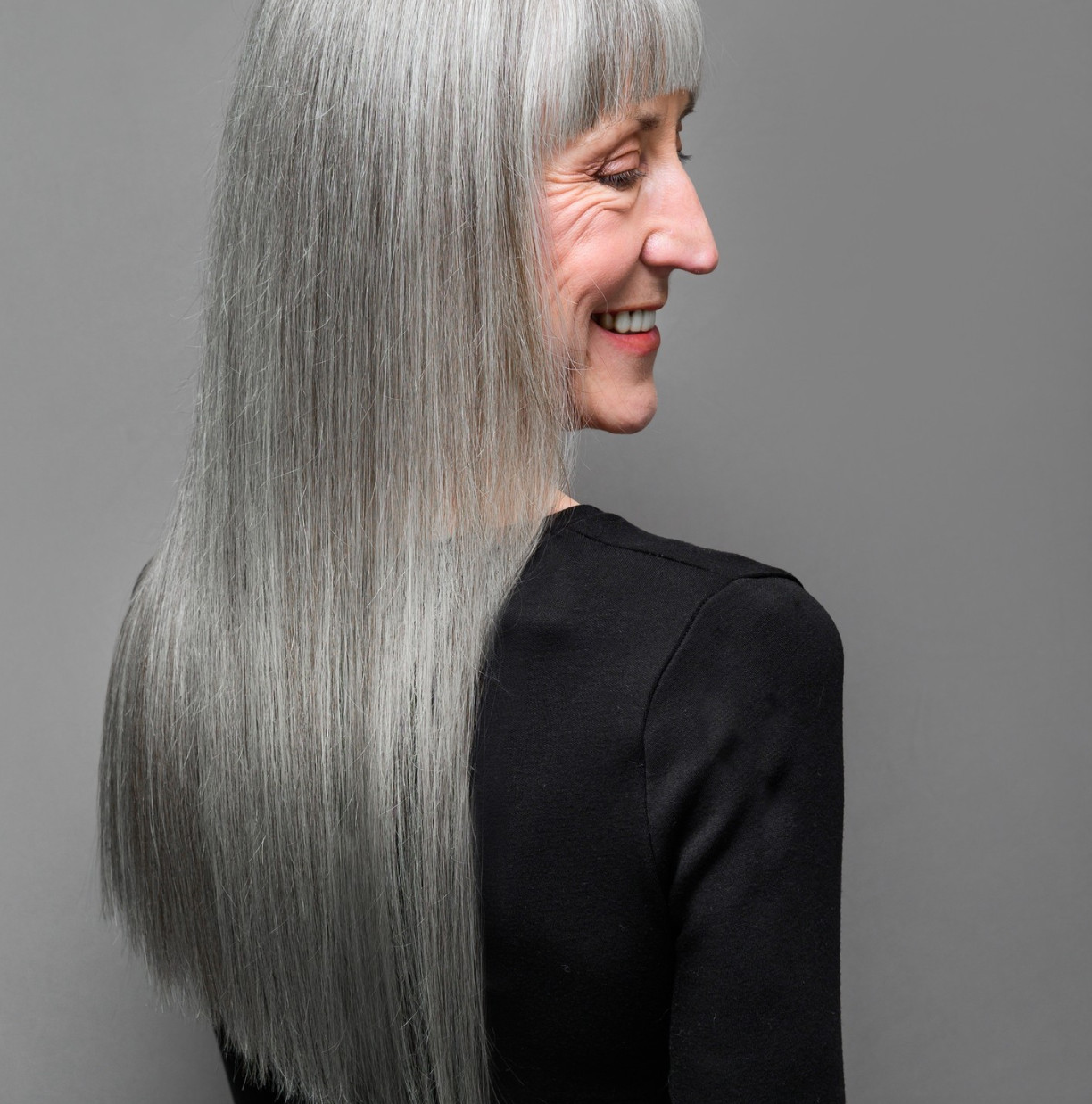 Long Straight Salt and Pepper — Gray Blending Over 50