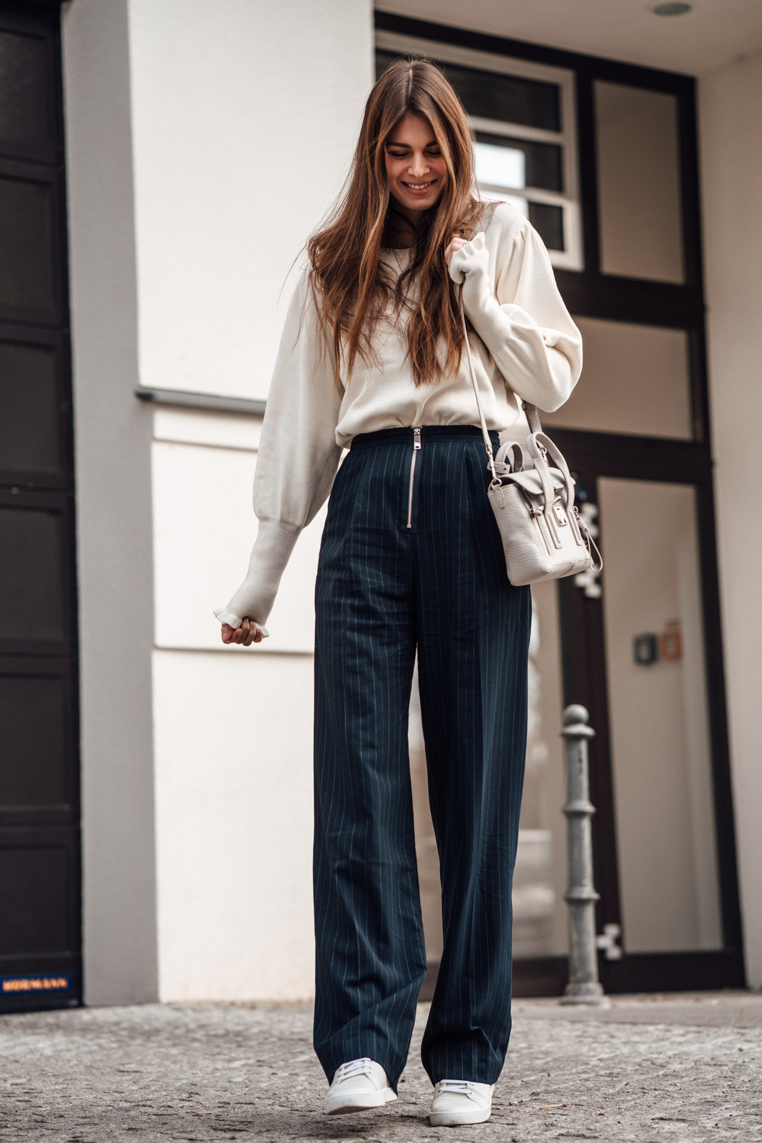 Comfortable Chic: Navy Pinstripe Pants with a Cream Knit Sweater — Pinstripe Pants Outfits