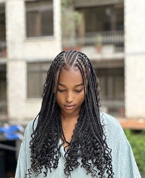 Mid-Back Fulani Braids With Curly Ends