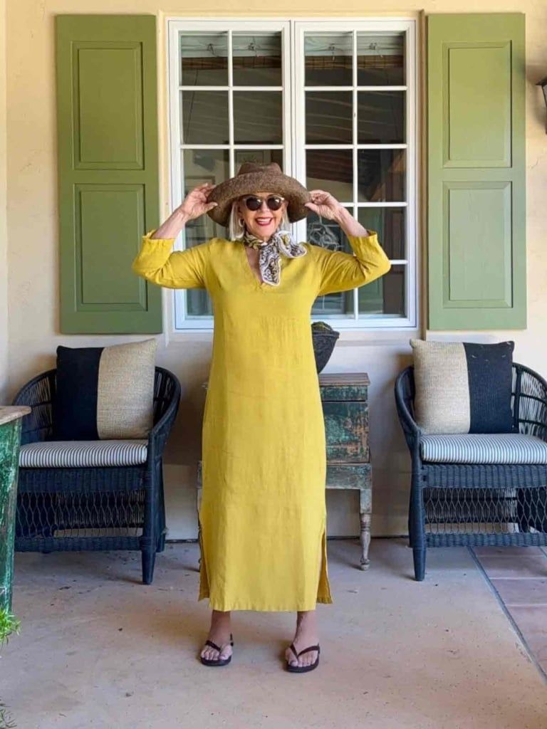 Yellow Maxi Dress with Scarf and Hat: Summer Casual — Outfits for Big Arms