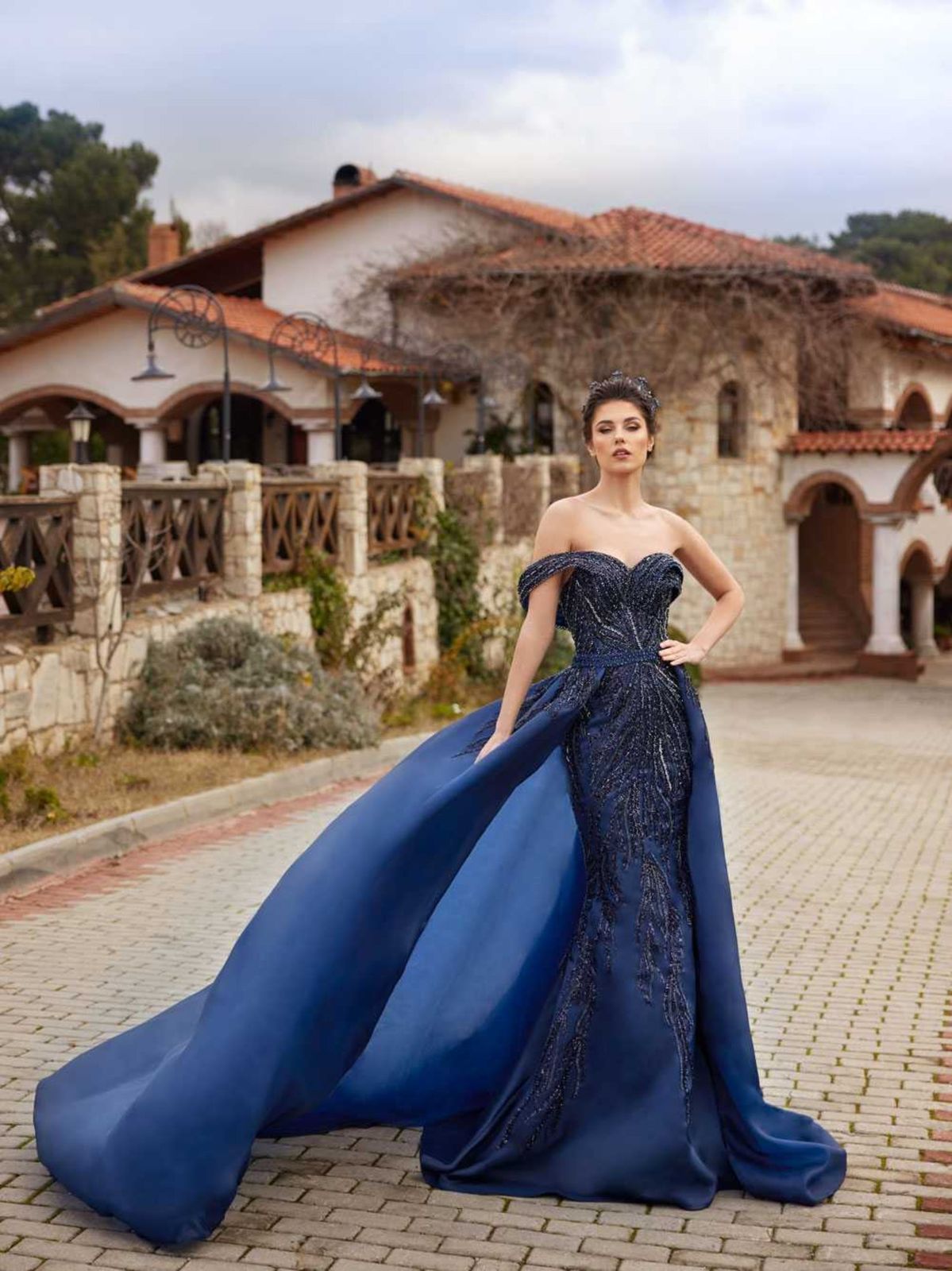 Navy Blue Off-the-Shoulder Mermaid Dress with Detachable Train Navy Blue Off-the-Shoulder Mermaid Dress with Detachable Train — Mermaid Dresses