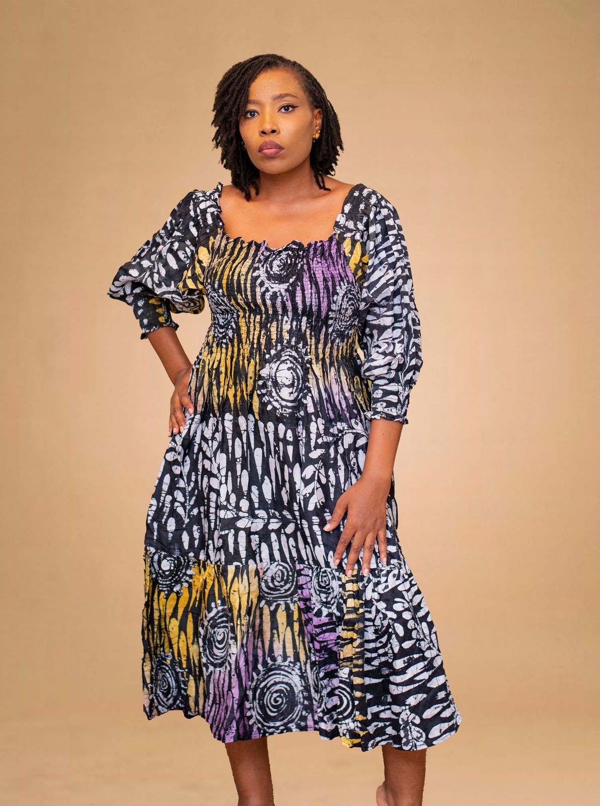Midi Dress with Smocked Bodice and Tiered Skirt — African Print Dresses