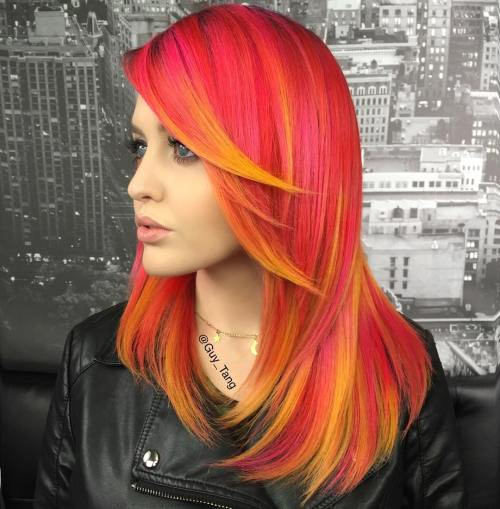 Vivid Red With Yellow and Pink Highlights — Bright Red Hair