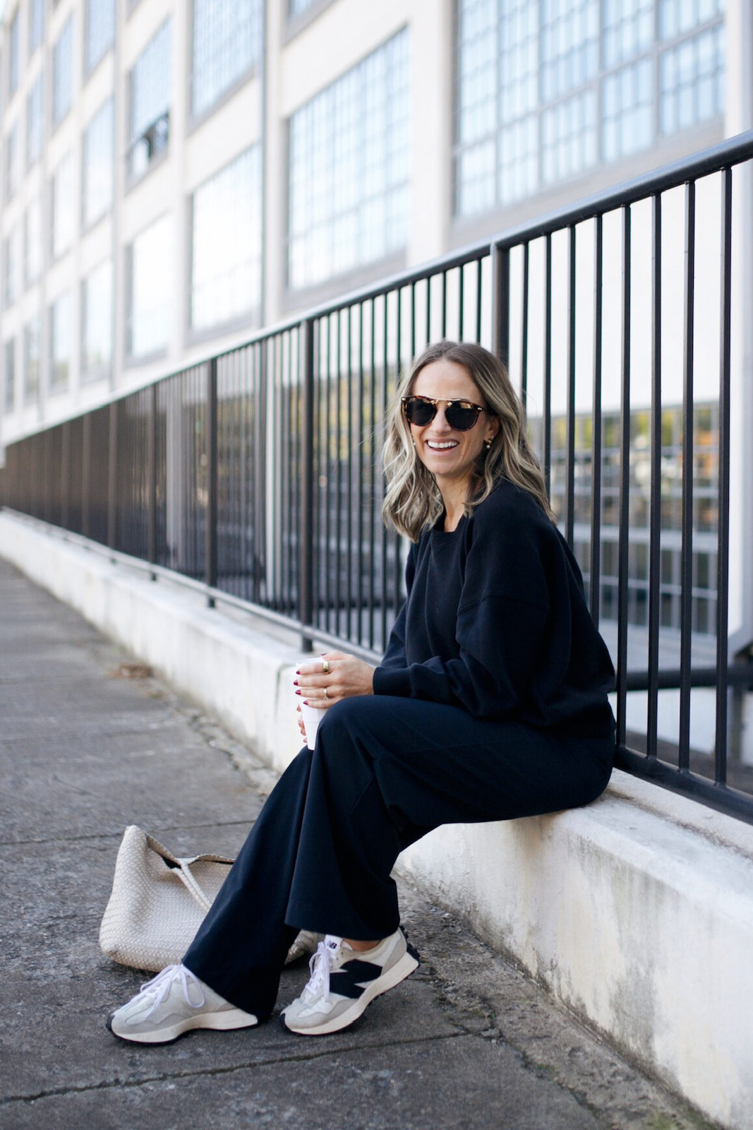 Black Crewneck Sweatshirt and Matching Wide-Leg Pants — Outfits for Athletic Build