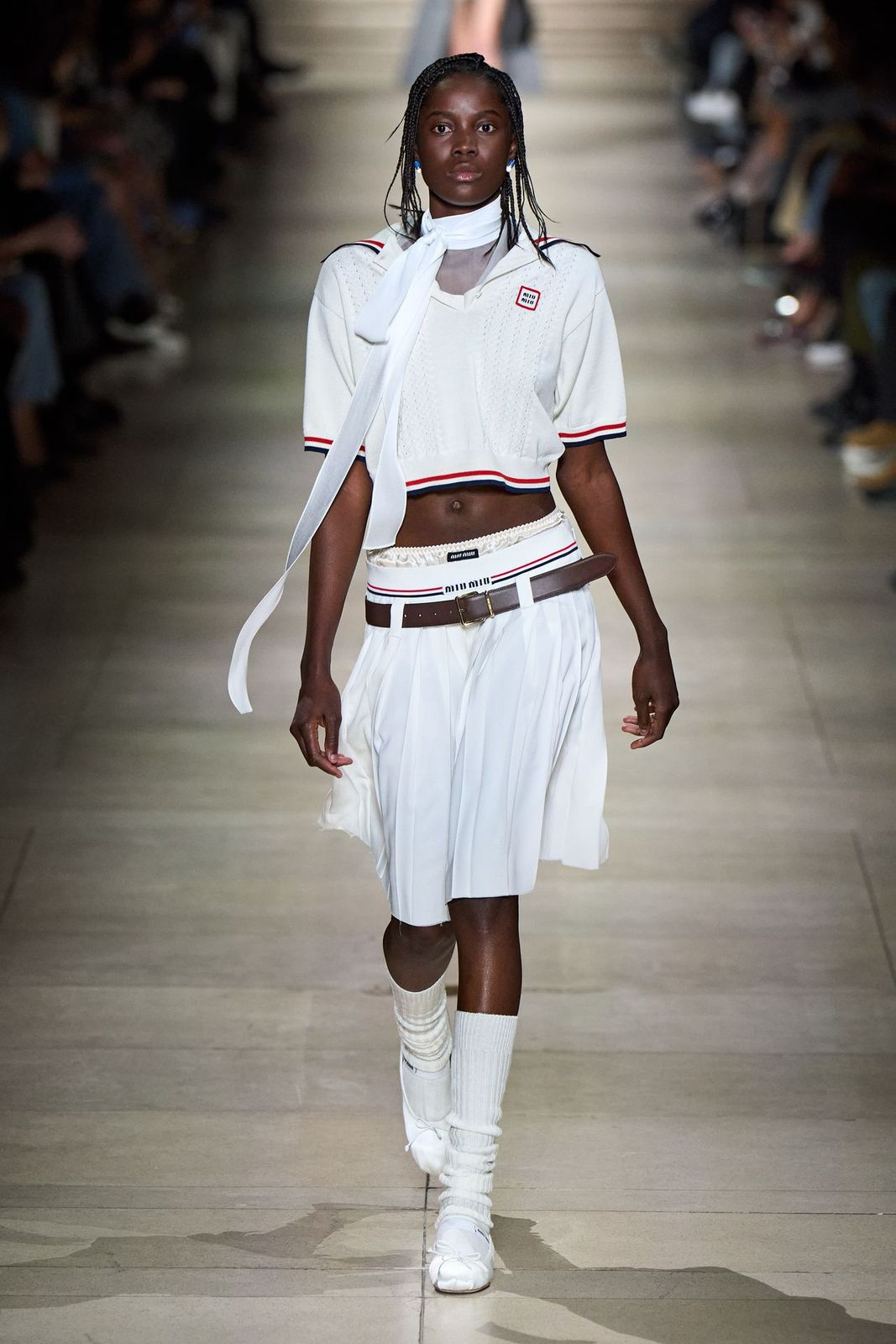 Miu Miu Cropped Knit Top with Scarf and Pleated Skirt — Miu Miu Outfits