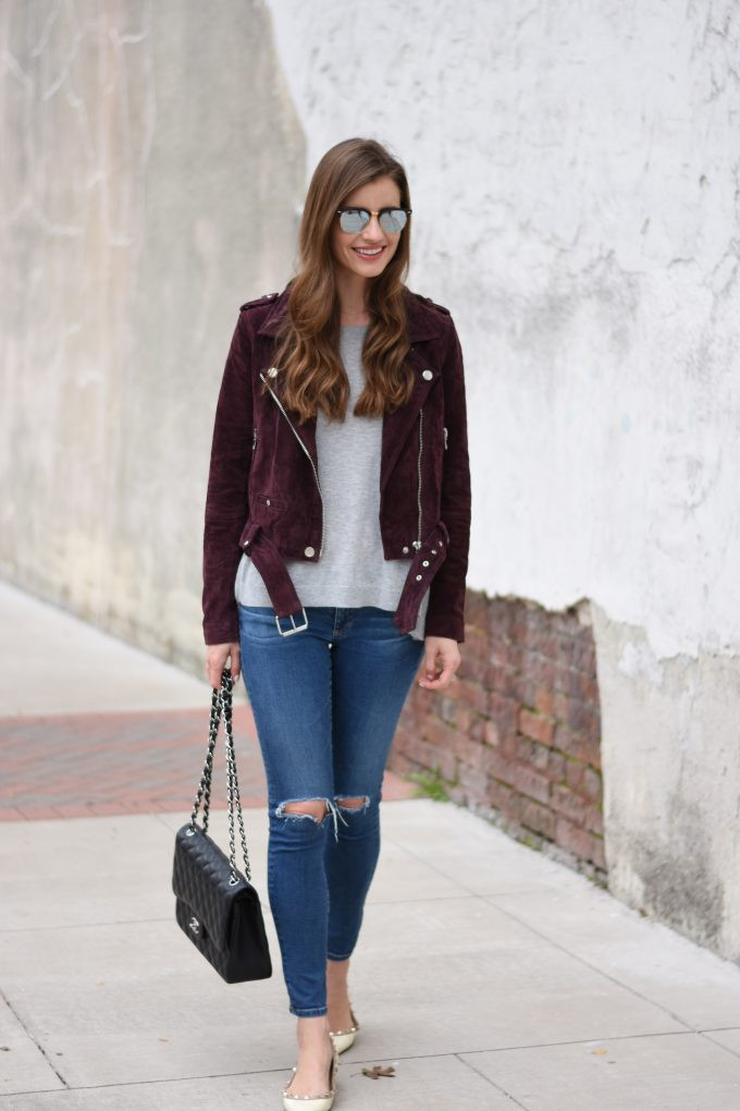 Burgundy Suede Moto Jacket for Urban Cool — Dallas Outfits