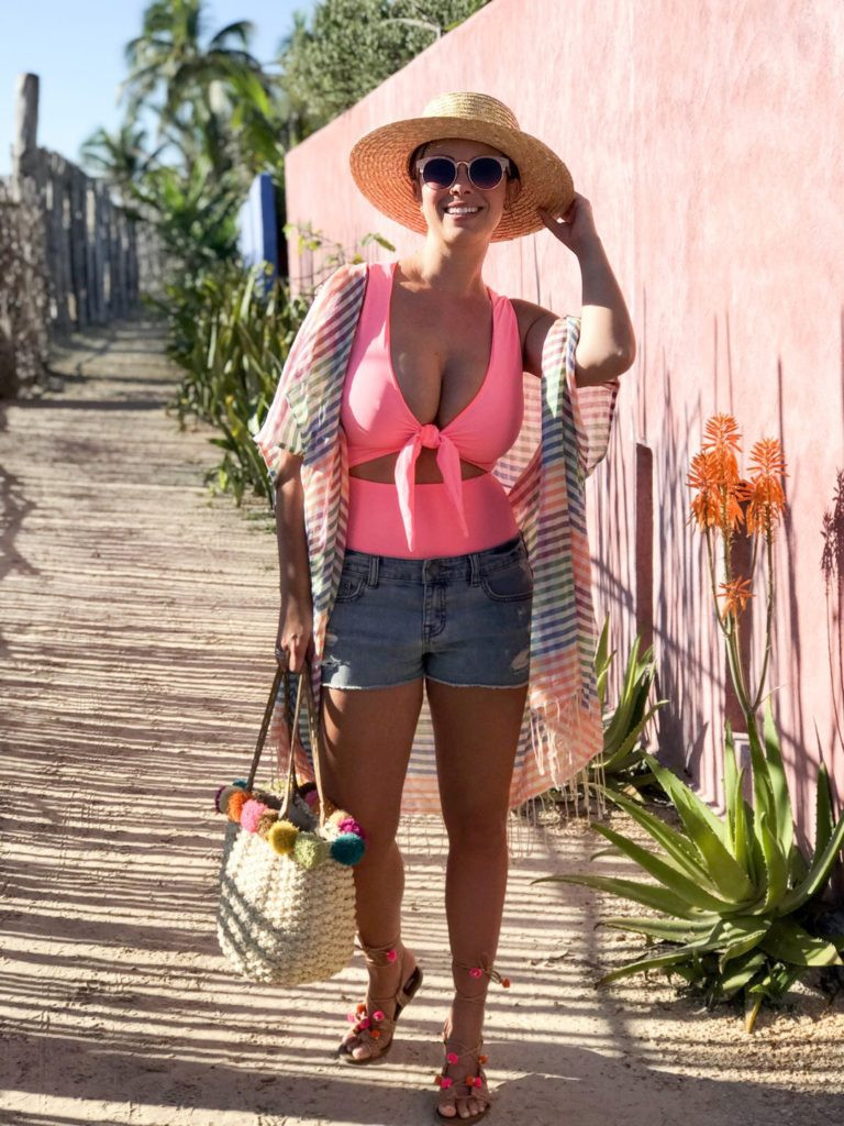 Bright Swimsuit with Sheer Kimono for Beach Days — Mexico Vacation Outfits