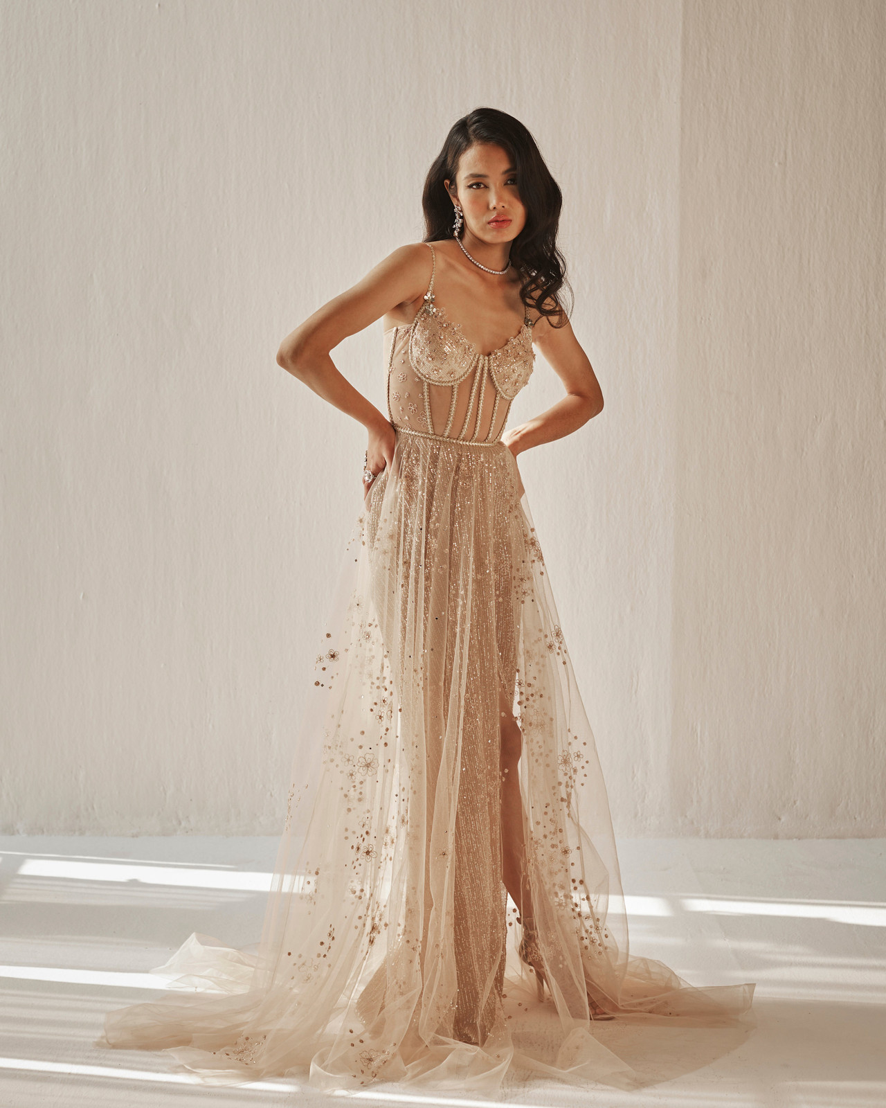 Embellished Nude Tulle Evening Gown with High Slit — Tulle Dresses