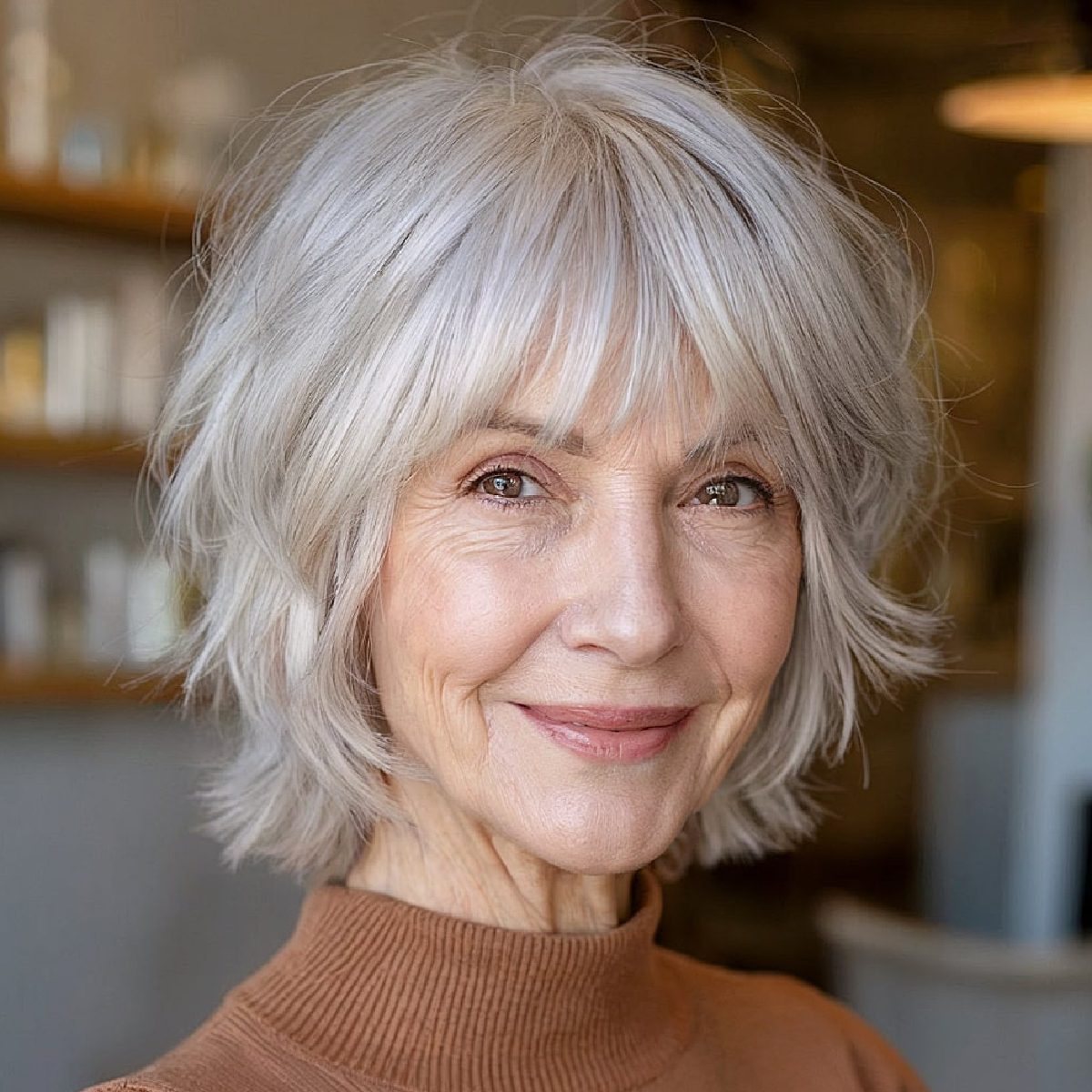 Collarbone Shag With Choppy Fringe Collarbone Shag With Choppy Fringe — Hairstyles for Women Over 70