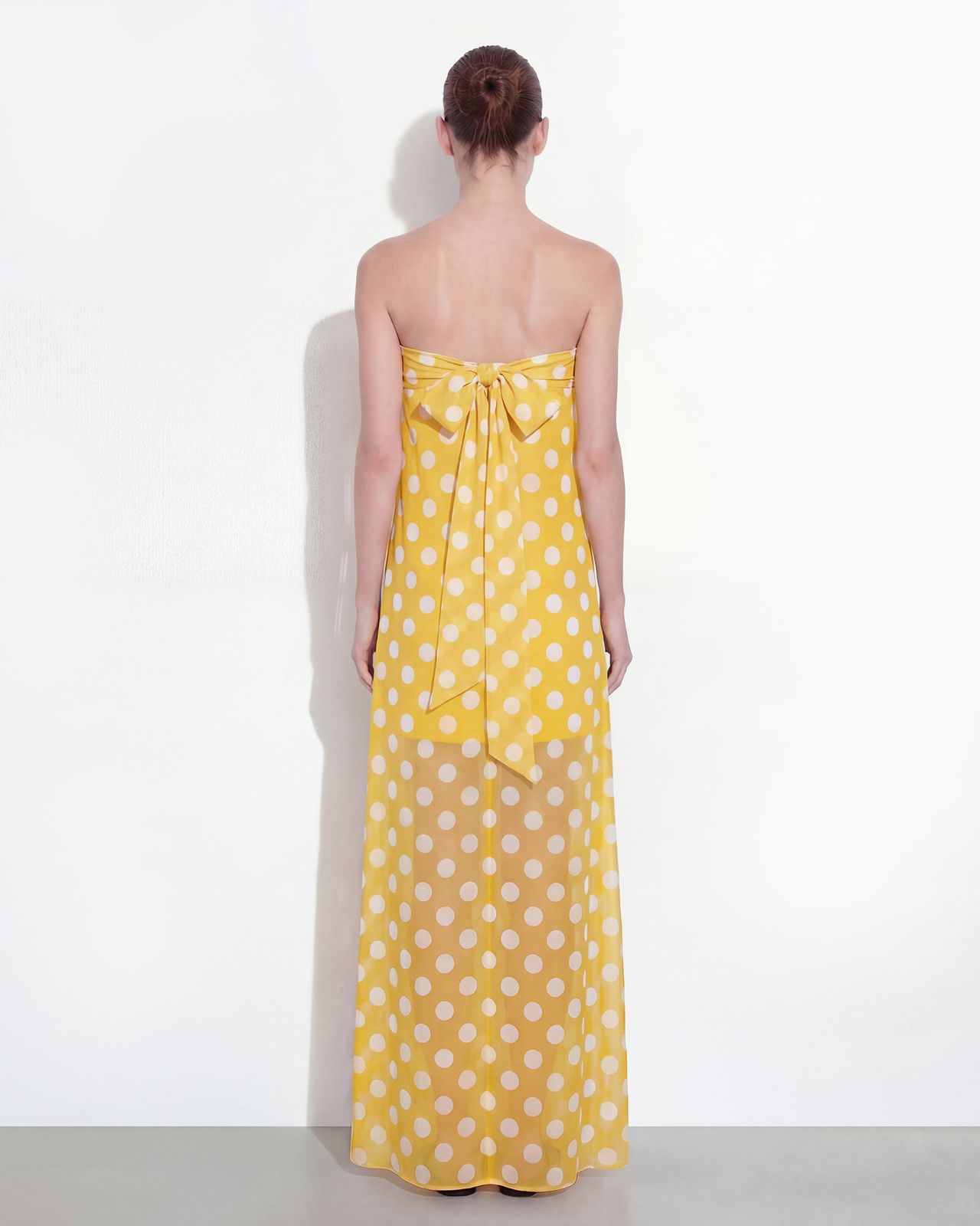 Strapless Yellow Polka Dot Maxi Dress with Bow Detail Strapless Yellow Polka Dot Maxi Dress with Bow Detail — Polka Dot Dresses
