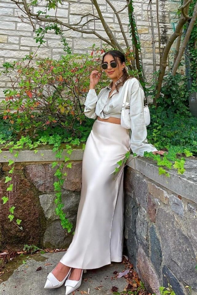 Light Grey Satin Set with Knot-Detail Crop Top and White Heels Light Grey Satin Set with Knot-Detail Crop Top and White Heels — Satin Skirt Outfits