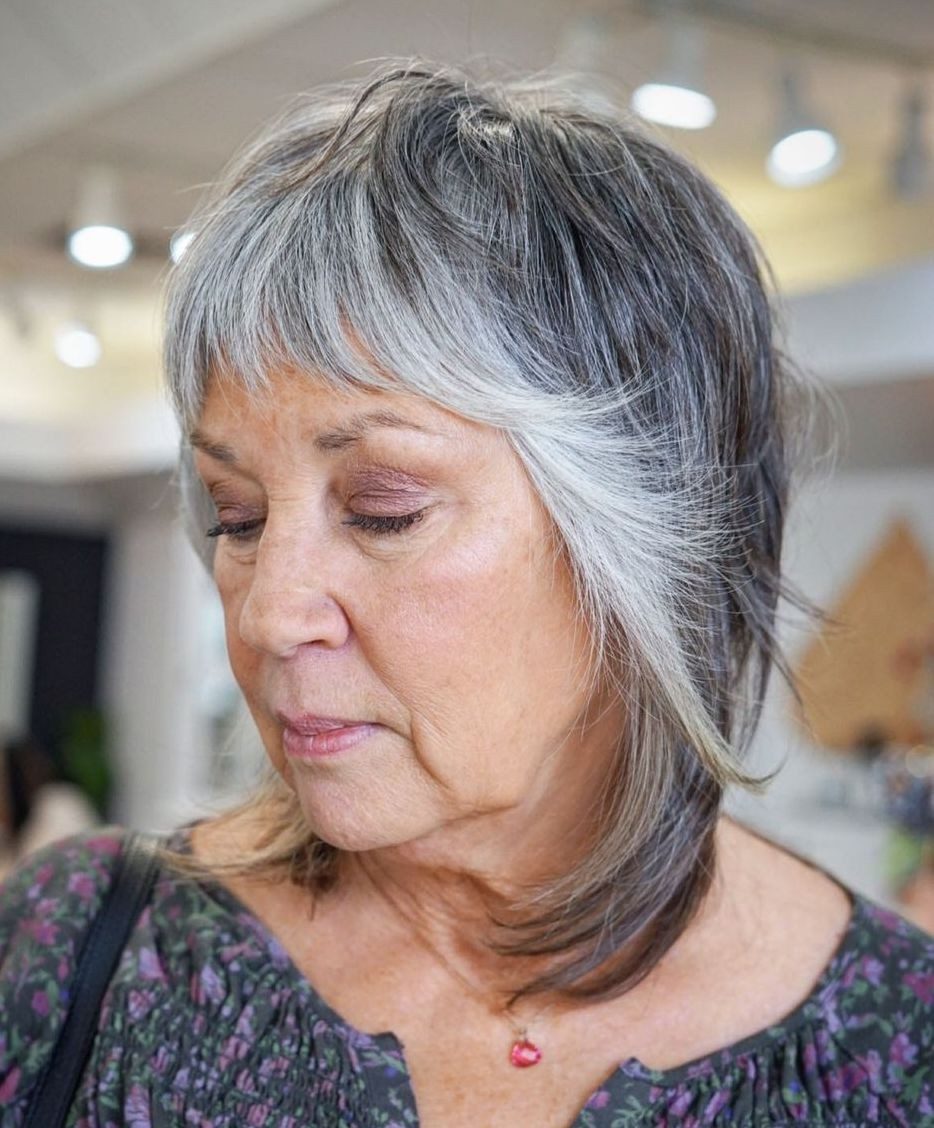 Salt and Pepper Shag With Curtain Bangs — Gray Hair with Bangs