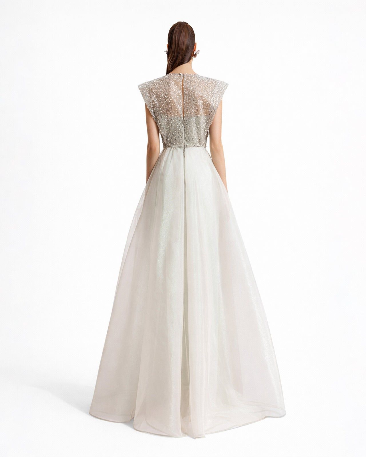 Sequined Bodice Evening Gown with Sheer A-Line Skirt Sequined Bodice Evening Gown with Sheer A-Line Skirt — Dresses for Broad Shoulders