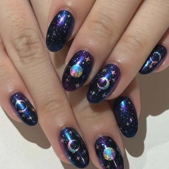 Shimmer Glossy Visual Idea Shimmer Glossy Visual Idea — Moon and Stars Nails