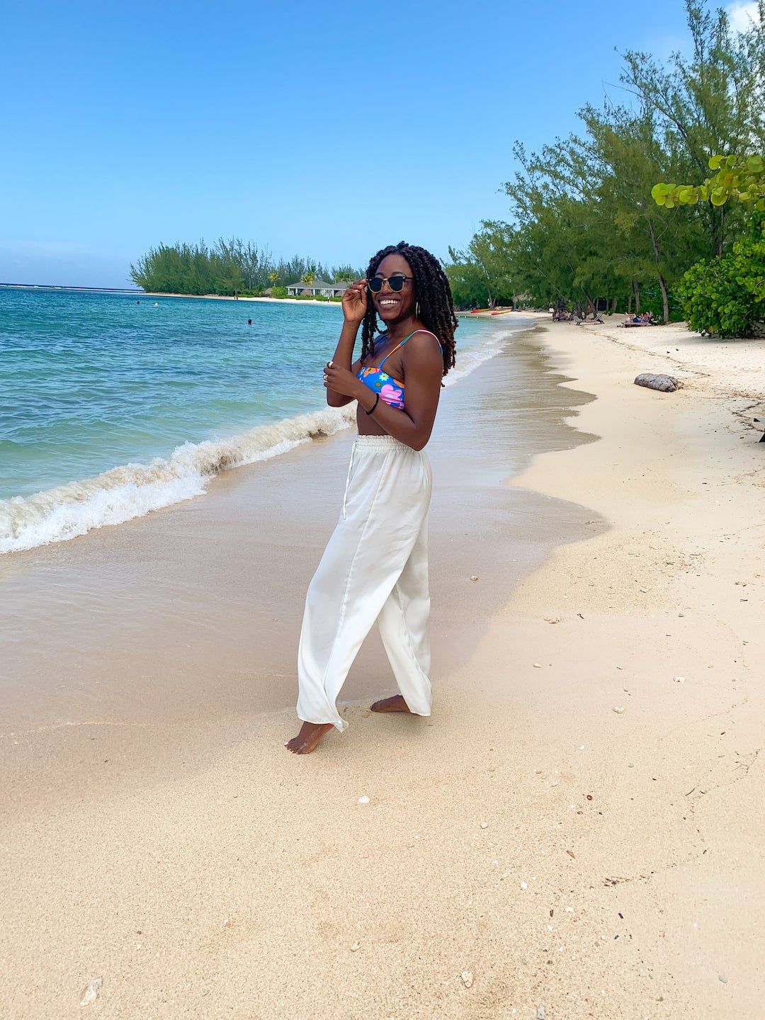 Colorful Bikini Top with Flowing White Wide-Leg Pants — Jamaica Outfits