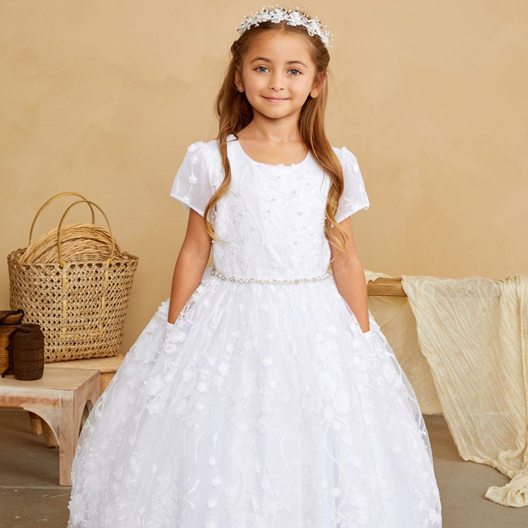 Embellished Ballgown with Floral Appliqué Skirt and Beaded Belt Embellished Ballgown with Floral Appliqué Skirt and Beaded Belt — First Communion Outfits
