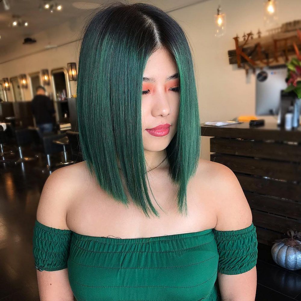 Blunt Bob With Black Roots Blunt Bob With Black Roots — Olive Green Hair