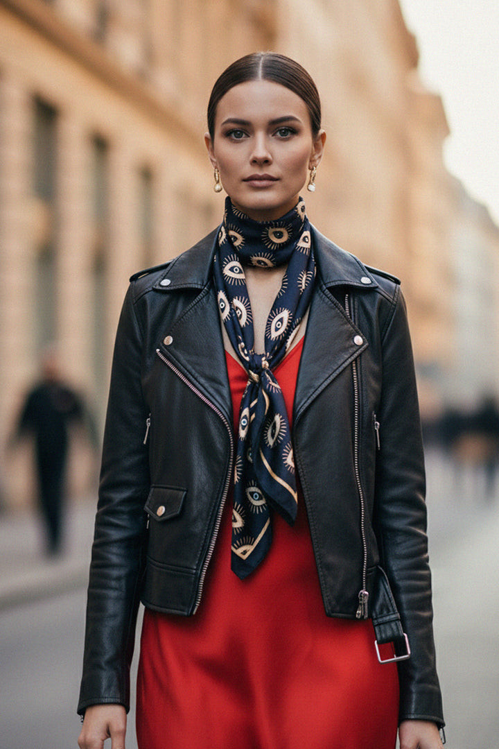 Edgy Silk Scarf Accent on Slip Dress and Moto Jacket — Silk Scarf Outfits