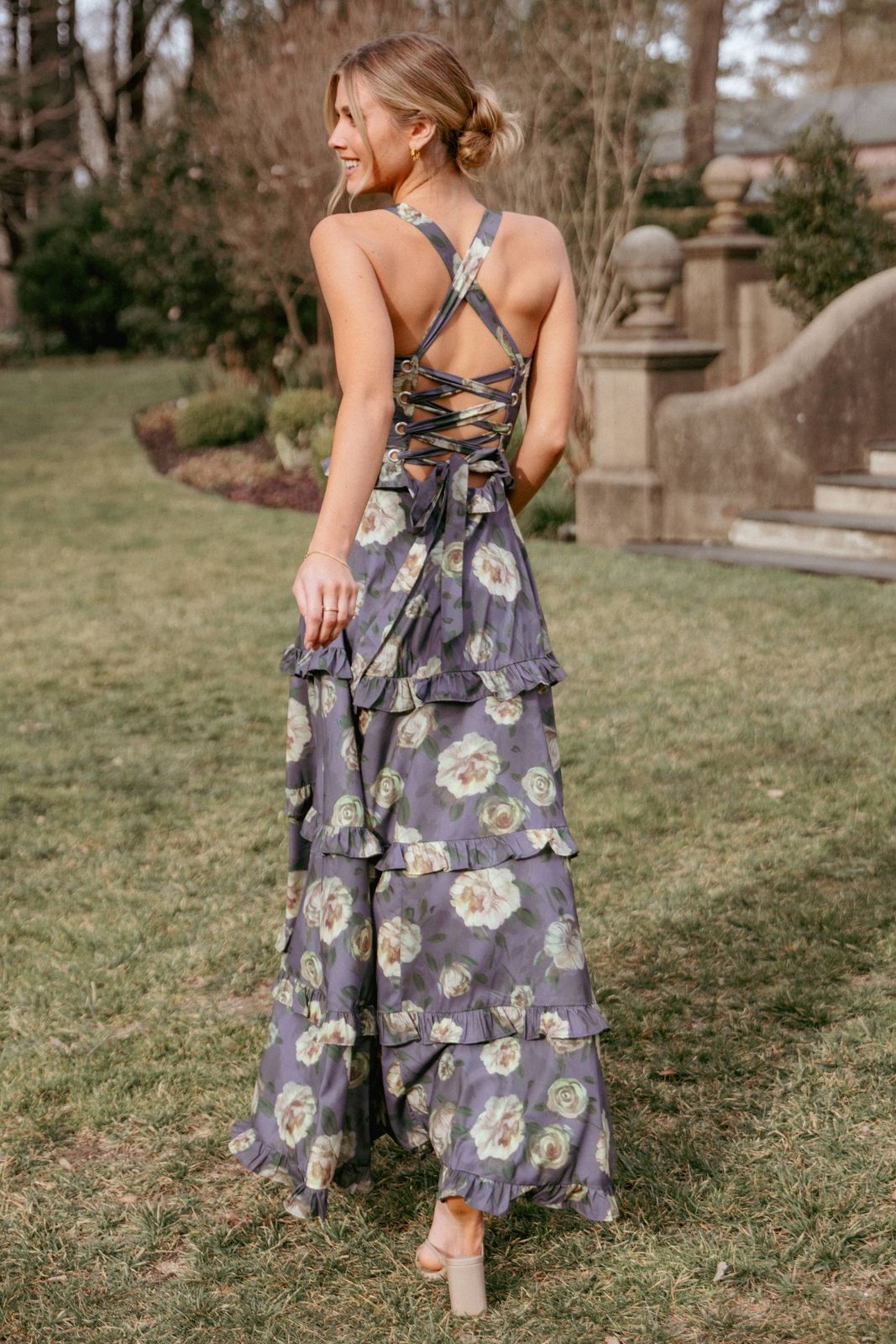 Lace-Up Back Floral Tiered Maxi Dress for Garden Parties — Tiered Dresses