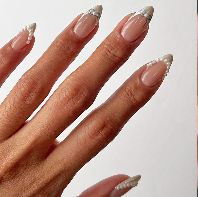 Sheer Nude Stiletto with Pearls and Silver Sheer Nude Stiletto with Pearls and Silver — Bridal Shower Nails