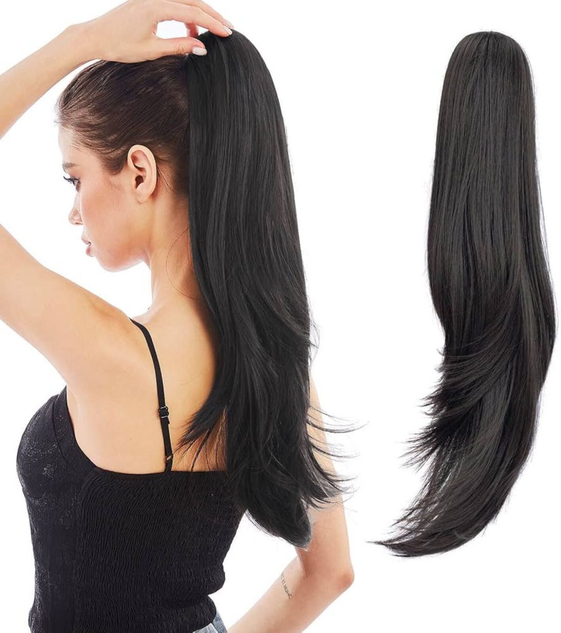 Mid-Back Layered Straight Black Ponytail — Ponytail with Extensions