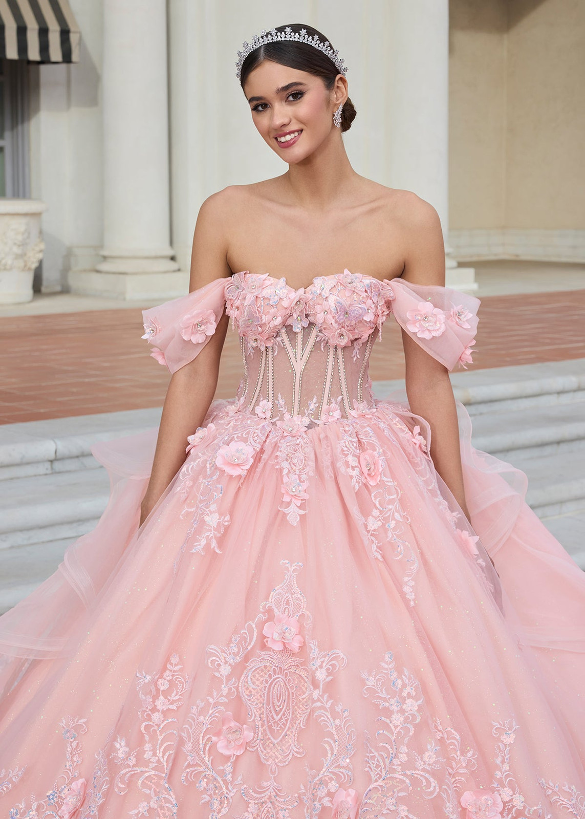 Pink Off-Shoulder Ballgown with Ruffled Sleeves and Glitter Pink Off-Shoulder Ballgown with Ruffled Sleeves and Glitter — Quinceanera Dresses