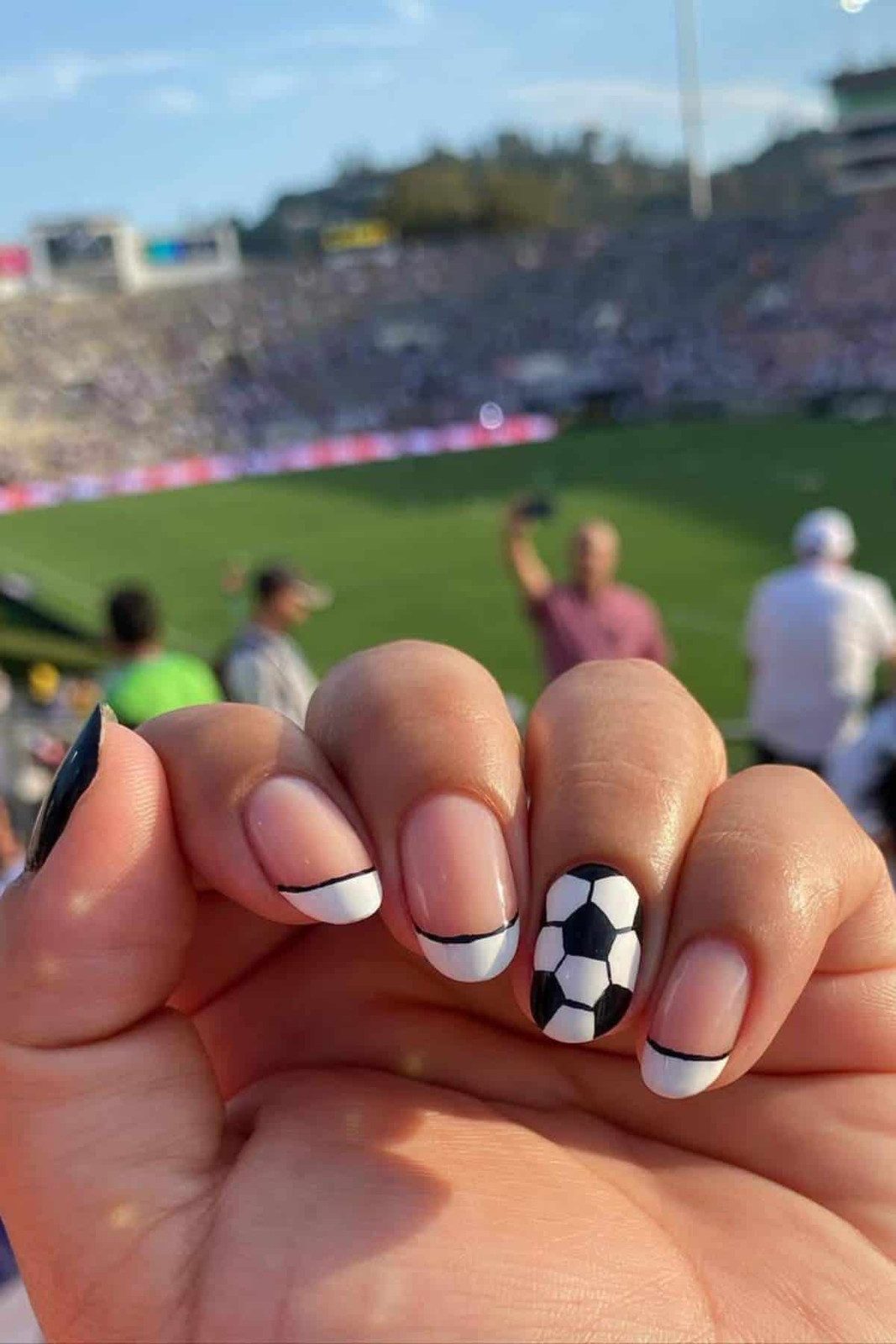 Short Almond French Tips with Soccer Ball Short Almond French Tips with Soccer Ball — Soccer Mom Nails