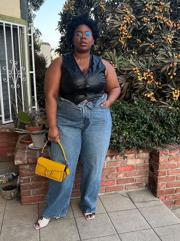 Bold Yellow Crossbody Bag with Leather Vest Bold Yellow Crossbody Bag with Leather Vest — Coach Bag Outfits