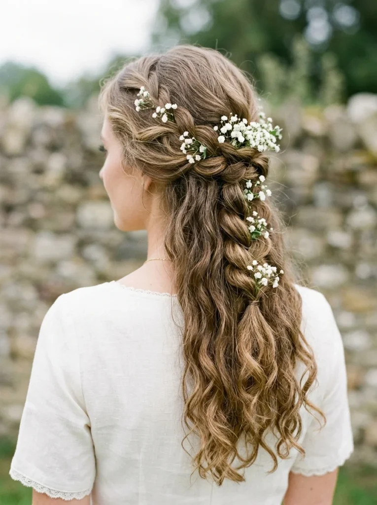 Light Brown Braids With Baby's Breath — Braided Half Up Half Down