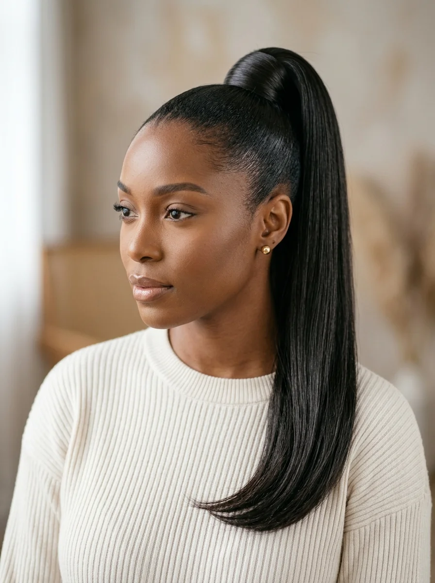 Glass-Like Sleek High Ponytail — Ponytail Hairstyles for Black Women