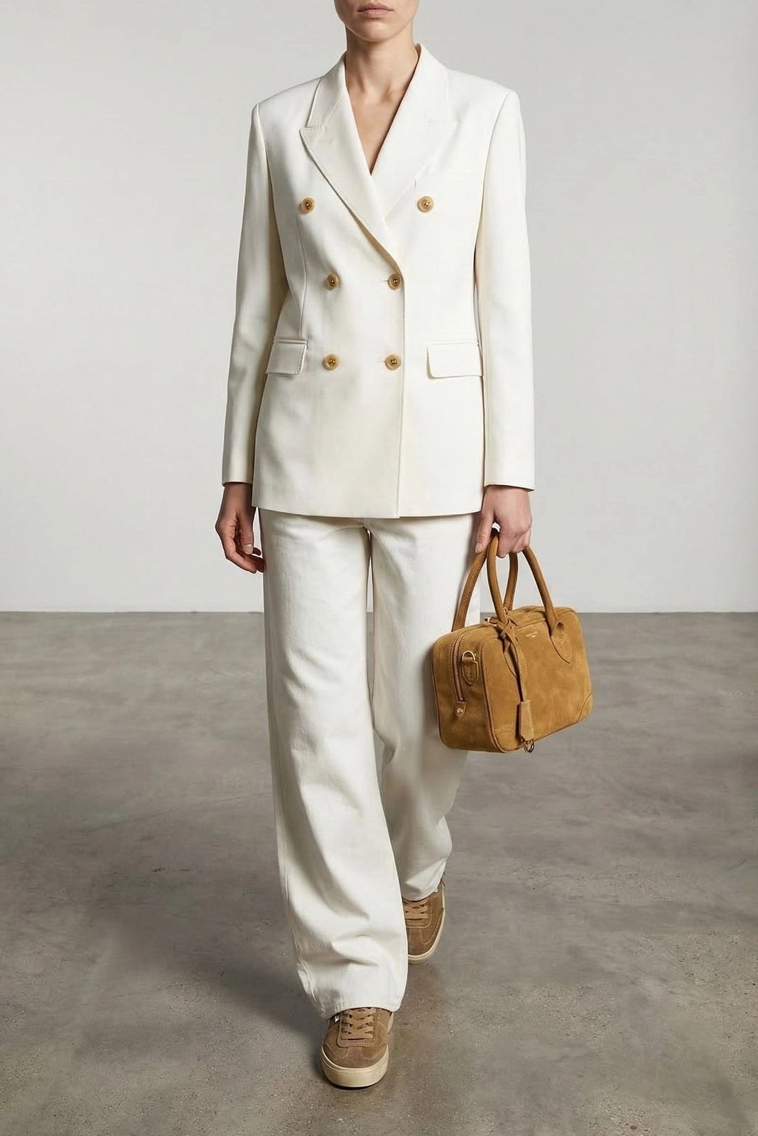 Sophisticated Cream Suit with Suede Sneakers — Golden Goose Outfits